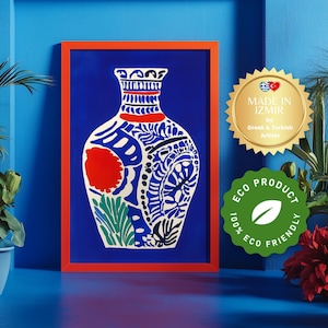 Arte de jarrón azul cretense, impresión de cerámica mediterránea, arte mural de decoración cicládica, estilo isleño griego, póster de jarrón minoico azul del Egeo