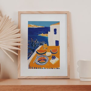 Impresión digital "Festín de Sandía Mediterránea", póster con escena de mesa de verano colorida, arte costero, decoración de pared imprimible, descarga instantánea