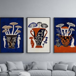 Impresiones digitales de jarrones griegos, juego de 3 piezas de arte mural con hongos, pósteres de mitología griega, arte de inspiración mediterránea, arte mural de estilo griego antiguo