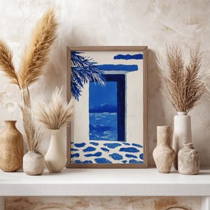 Impresión artística de ventana de isla griega, póster digital azul y blanco mediterráneo, arte de pared costero, ilustración de vista panorámica del océano, decoración