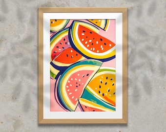 May include: A framed print of a colorful abstract painting featuring watermelon slices in shades of red, yellow, green, and pink.