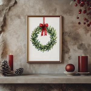 Christmas Wreath Wall Art Printable, Holiday Decor with Red Bow, Watercolor Laurel Wreath Artwork for Festive Home Decoration