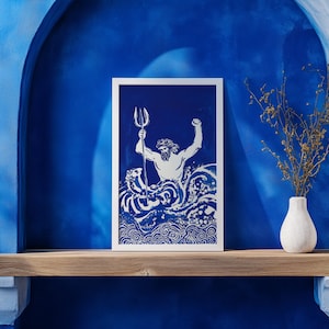Poseidon Greek God Digital Print, Minimalistic Greek Mythology Wall Art, Navy Blue Ancient Greece Poster, Twelve Olympian