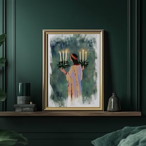 May include: A watercolor painting of a person holding lit candles in front of a green and blue background. The person is wearing a white robe with a red sash and a crown of leaves.