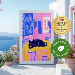 Gemütliche Katze Kunstdruck, Mediterran inspirierte Katzen Illustration, Lebendige Katze auf Tisch Poster, Wunderliche Tierkunst für Katzenliebhaber