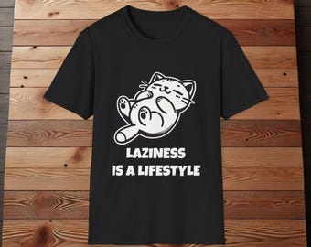 May include: Black t-shirt with a white cartoon cat lying on its back and the text "Laziness is a lifestyle".