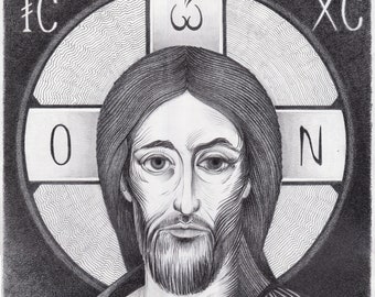 Hand Illustrated Christian Icon -- Christ