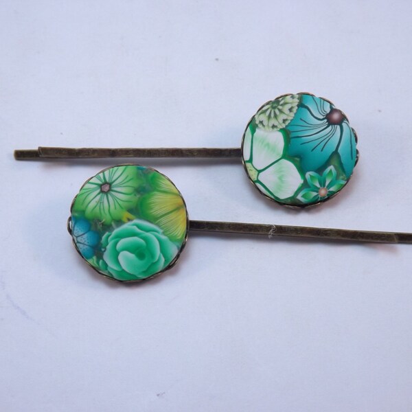 Handgemachte grüne Millefiori Floral Polymer Clay Bobby Pins