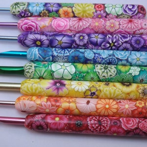 YOUR CHOICE Size/Brand Ergonomic Extra Long Handle Polymer Clay Covered Crochet Hook Handcrafted Colorful Millefiori Floral