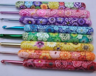 YOUR CHOICE Size/Brand Ergonomic Extra Long Handle Polymer Clay Covered Crochet Hook Handcrafted Colorful Millefiori Floral