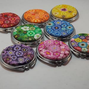 YOUR CHOICE COLOR Polymer Clay Embellished Compact Purse Mirror, Colorful Millefiori Floral image 3