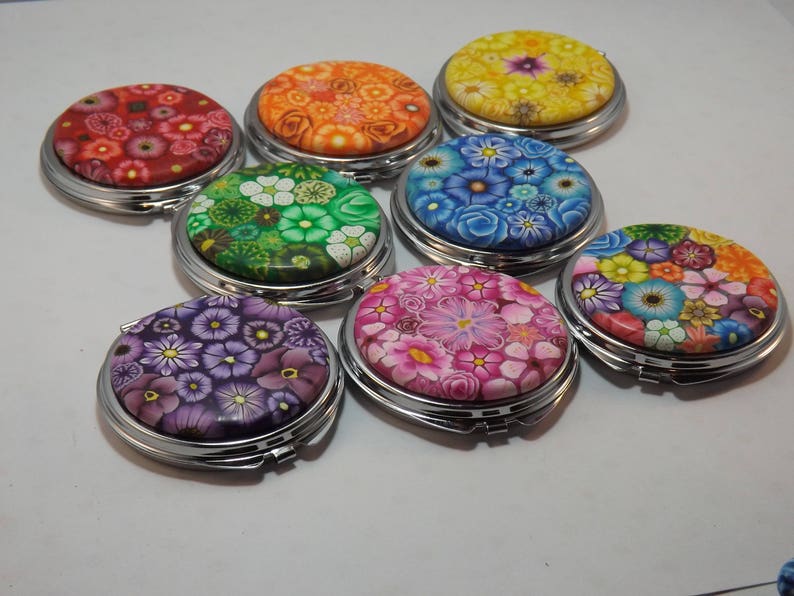 YOUR CHOICE COLOR Polymer Clay Embellished Compact Purse Mirror, Colorful Millefiori Floral image 3