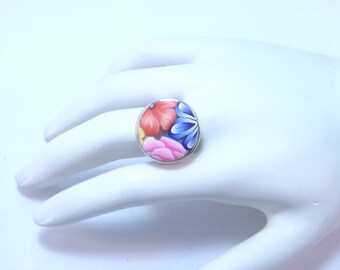 Snap Button Adjustable Ring with Handmade Colorful Millefiori Button with FREE extra Button of Your Choice