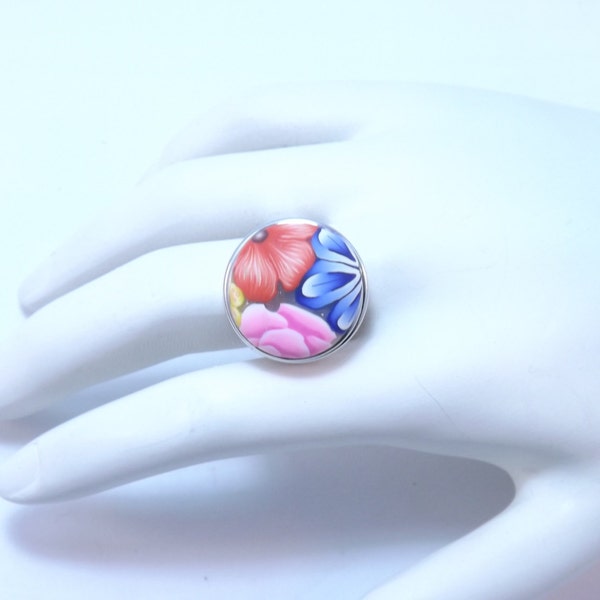 Snap Button Adjustable Ring with Handmade Colorful Millefiori Button with FREE extra Button of Your Choice