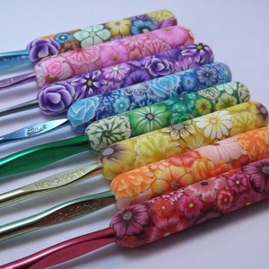 YOUR CHOICE Size/Brand Ergonomic Polymer Clay Covered Crochet Hook Handcrafted Colorful Millefiori Floral image 2