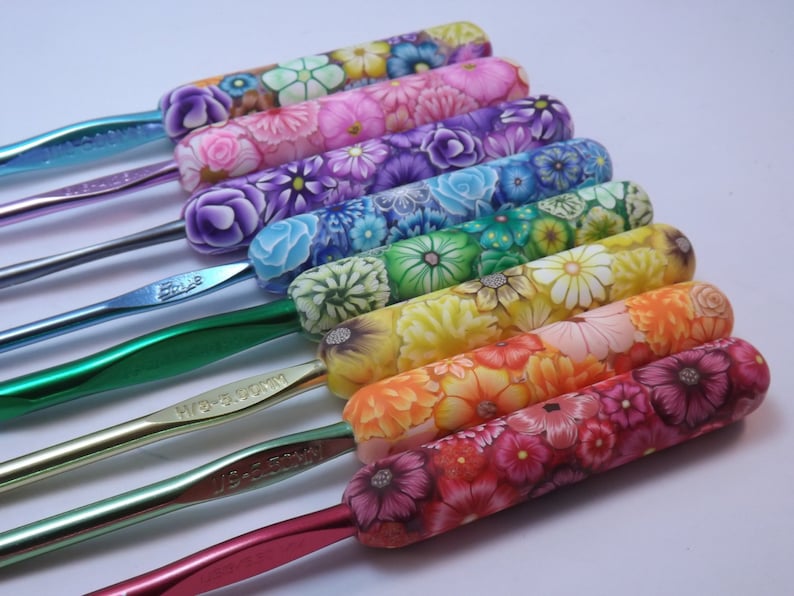 YOUR CHOICE Size/Brand Ergonomic Polymer Clay Covered Crochet Hook Handcrafted Colorful Millefiori Floral image 2