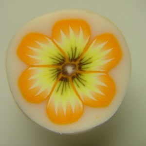 May include: A close-up of a yellow and orange flower with a brown center, painted on a white background.