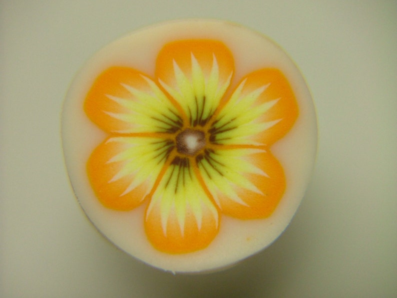 May include: A close-up of a yellow and orange flower with a brown center, painted on a white background.