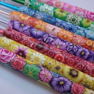 YOUR CHOICE Size/Brand Ergonomic Extra Long Handle Polymer Clay Covered Crochet Hook Handcrafted Colorful Millefiori Floral image 2