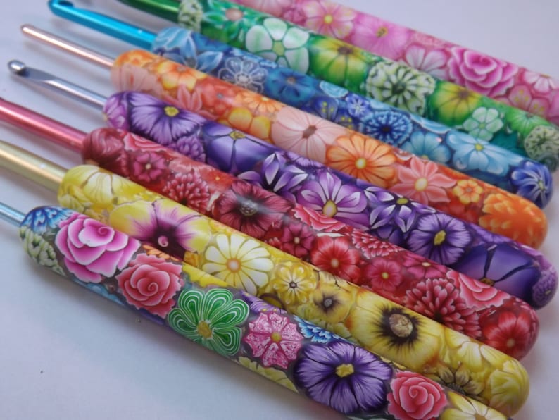 YOUR CHOICE Size/Brand Ergonomic Extra Long Handle Polymer Clay Covered Crochet Hook Handcrafted Colorful Millefiori Floral image 2