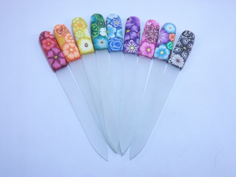 Your Choice Color Crystal Glass Nail File Handcrafted Polymer Clay Covered Millefiori Floral image 1