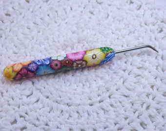 YOUR CHOICE COLOR Polymer Clay Handled Knitting Loom Hook Colorful Millefiori Floral