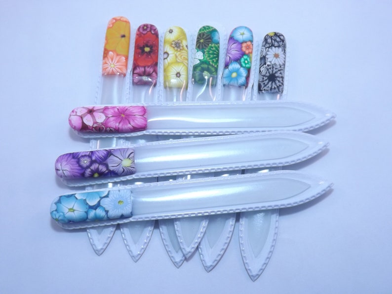 Your Choice Color Crystal Glass Nail File Handcrafted Polymer Clay Covered Millefiori Floral image 2