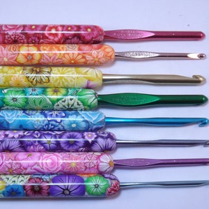 YOUR CHOICE Size/Brand Ergonomic Polymer Clay Covered Crochet Hook Handcrafted Colorful Millefiori Floral image 1