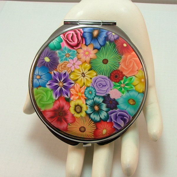 Colorful Millefiori Floral Polymer Clay Embellished Compact Purse Mirror