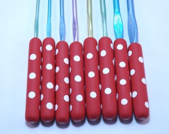 Choose Your Size/Brand Ergonomic Polymer Clay Covered Crochet Hook Handcrafted Polka Dots