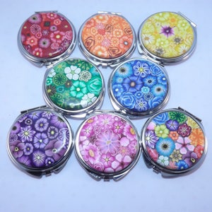 YOUR CHOICE COLOR Polymer Clay Embellished Compact Purse Mirror, Colorful Millefiori Floral image 2