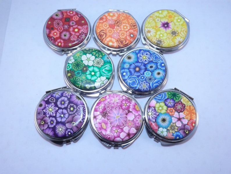 YOUR CHOICE COLOR Polymer Clay Embellished Compact Purse Mirror, Colorful Millefiori Floral image 2