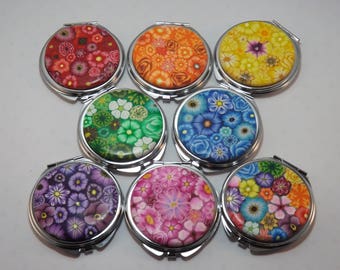 YOUR CHOICE COLOR Polymer Clay Embellished Compact Purse Mirror, Colorful Millefiori Floral