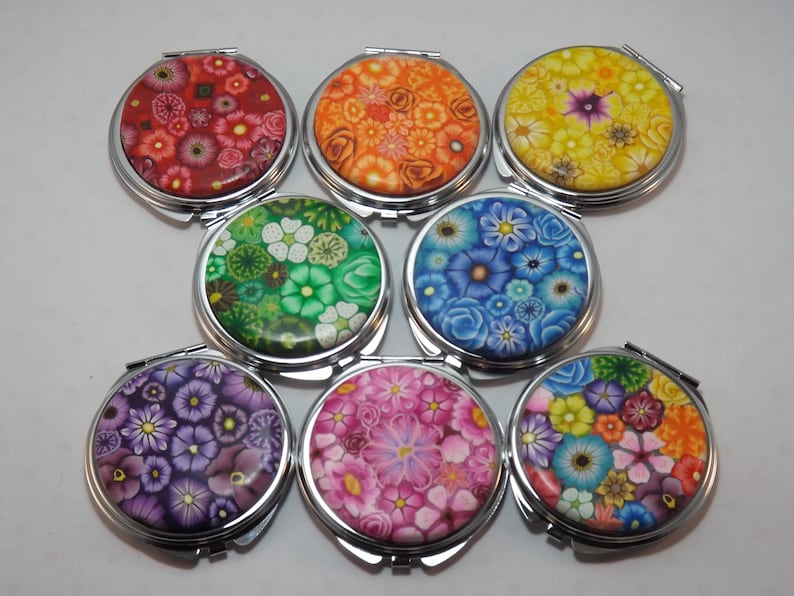 YOUR CHOICE COLOR Polymer Clay Embellished Compact Purse Mirror, Colorful Millefiori Floral image 1