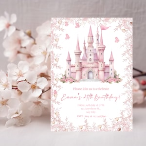 Bewerkbare prinses kasteel 1e, 2e verjaardag uitnodigen, meisje roze en gouden uitnodiging, bloemen vlinder elegante eerste verjaardag, verjaardag Evite A19