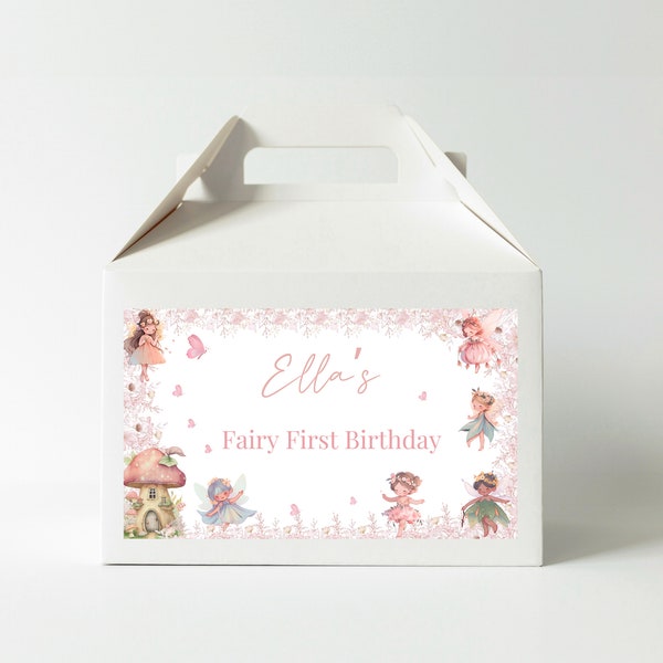 Editable Fairy Birthday Gabel Box Labels favors treats Wildflower Fairy Floral Enchanted Birthday Butterfly Magical Printable Template  A3