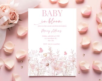 Editable Baby in Bloom Invitation, Wildflowers Baby Shower Invite, Pink Flower Invitation, Butterfly Invite, Floral Baby Brunch Evite A4