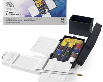 Winsor & Newton Cotman Aquarell Farbe Set, Feldtaschenset, 12 Halbe Pfanne mit Bürste, Schwamm, Flasche