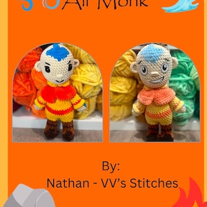 Pode incluir: Duas figuras de Air Monk de crochê, uma em laranja e amarelo, a outra em verde e amarelo, com rostos azuis e uma faixa azul claro. As figuras estão sentadas em um fundo de novelos de lã. O texto "Air Monk" está na parte superior da imagem, e o texto "By: Nathan - VV's Stitches" está na parte inferior.