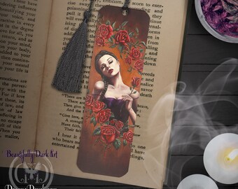 Vampire Bookmark / Bleeding Red Roses / Flower / Gothic Portrait / Book Lover Gifts / Reading Accessories / Halloween / Dark Fantasy Art