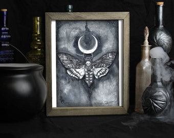 Moon Phase Wall Decor / Death Moth Art Print / Crescent Moon / Moonchild / Witchy Gifts / Gothic Witch / Skull Moths / Dark Fantasy Art