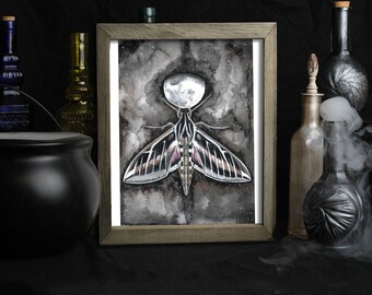 Moon Phase Wall Decor / Sphinx Moth Art Print / Three Quarter Moon / Moonchild / Witchy Gifts / Gothic Witch / Wiccan / Fantasy Art / Moths