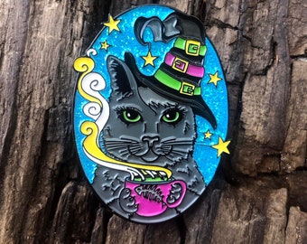 Witch Cat Enamel Pin / Black Cat / Halloween / Collectable Lapel Pin Collector / Fantasy Kitty Cat / Witchy Gifts / Cat Lover Accessories