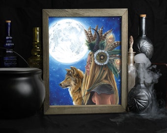 Native American Art Print / Wolf Lover Gifts / Viking Woman / Shield Maiden / Portrait / Moon Stars / Wall Art / Home Decor / Moonchild