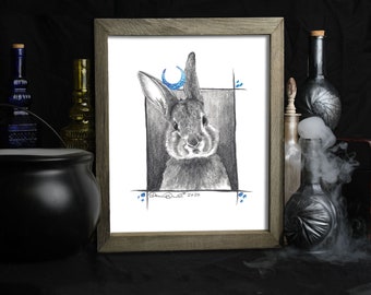 Blue Lunar Bunny / Art Print /  Rabbit Gifts / Bunny Portrait / Celestial Bunny / Crescent Moon / Moonchild / Wall Art / Kids Room