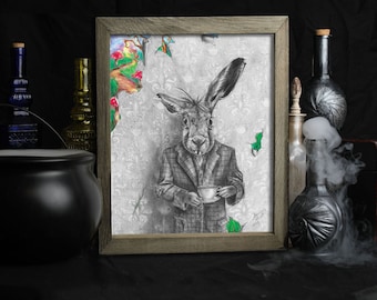 March Hare / Alice in Wonderland Art Print / Gothic Decor / Fairy Tale / Victorian Art / Rabbit / Tea Party / Wall Art / Lewis Carroll