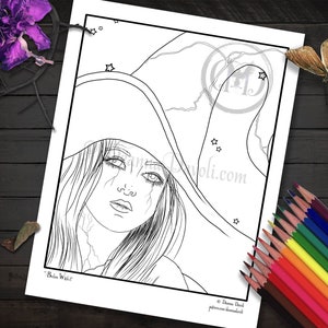 Broken Witch Coloring Page Digital Download Instant JPG Adult Coloring Page Broken Doll Halloween Scrapbooking Fantasy Portrait image 1