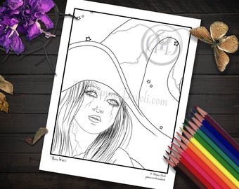 Broken Witch Coloring Page Digital Download Instant JPG Adult Coloring Page Broken Doll Halloween Scrapbooking Fantasy Portrait