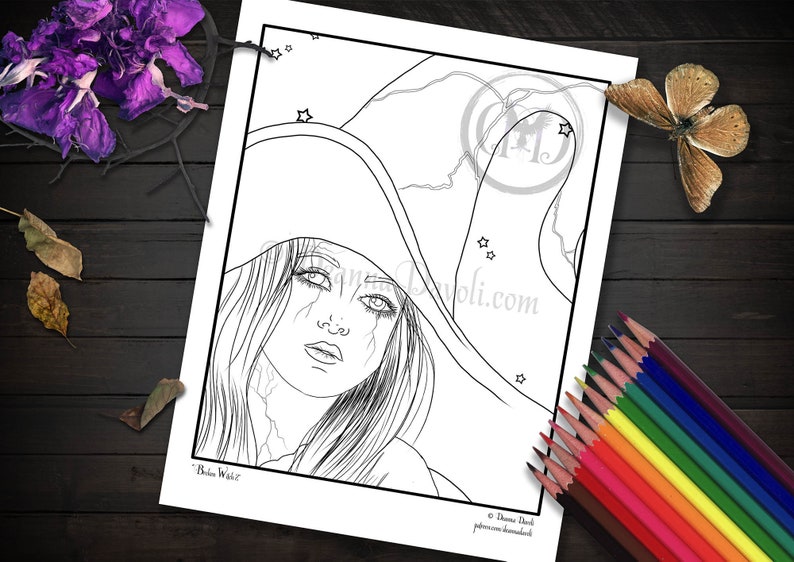 Broken Witch Coloring Page Digital Download Instant JPG Adult Coloring Page Broken Doll Halloween Scrapbooking Fantasy Portrait image 1