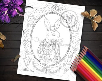 White Rabbit Coloring Page Alice In Wonderland Coloring Page Printable JPG Bunny Coloring Page Digi Stamp Adult Coloring Page